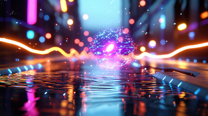 Leinwandbilder - Futuristic glowing sphere reflecting in water, surrounded by vibrant lights and energy waves, creating mesmerizing atmosphere in digital landscape