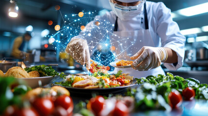 Poster - chef in modern kitchen prepares colorful dish, showcasing fresh ingredients and advanced technology. scene highlights culinary creativity and innovation