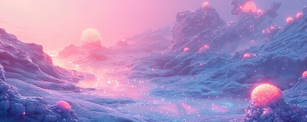 Poster - Dust pollution idea. A mesmerizing surreal landscape filled with glowing orbs and vibrant colors.