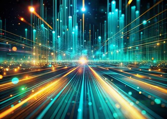 Fototapete - Futuristic Teal Digital Data Stream: Glowing Lines & Particles, Abstract Tech Background