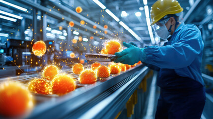 Leinwandbilder - High resolution image of food production line with glowing orange spheres. worker in safety gear inspects items, showcasing modern technology in food processing