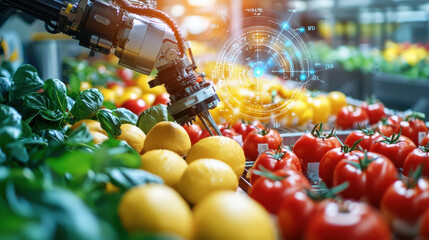 Poster - High tech robotic arm sorting fresh produce in vibrant food production line, showcasing automation in agriculture and efficiency in handling fruits and vegetables