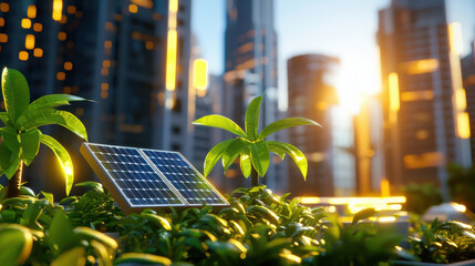 Poster - Eco friendly urban landscape with solar panels and greenery, showcasing sustainable living in modern city. sunlight enhances vibrant atmosphere