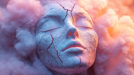 Wall Mural - Cracked face, serene expression, cloud background, fantasy art, digital art