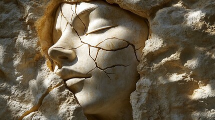 Wall Mural - Cracked stone face sculpture, garden setting, sunlight