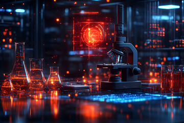 Poster - Futuristic Lab Microscope, Research, Data, Glow