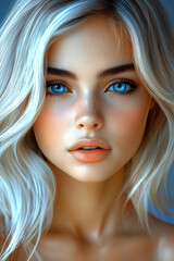 Wall Mural - A woman with long blonde hair and blue eyes is shown with a light pink lip color