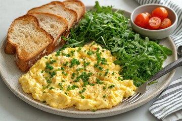 Wall Mural - Scrambled eggs with cherry tomatoes, arugula and bread for healthy breakfast