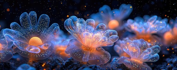 Poster - Dust pollution concept. Stunning underwater flowers illuminated with glowing orbs create an enchanting display.
