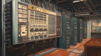 creative depiction of the first computer, the eniac, with labeled switches and early programming too