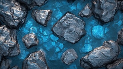 Glowing blue water flows between dark grey rocks; aerial view, game background