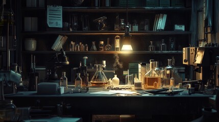 Poster - representation of forensic chemistry, analyzing unknown substances in a crime lab