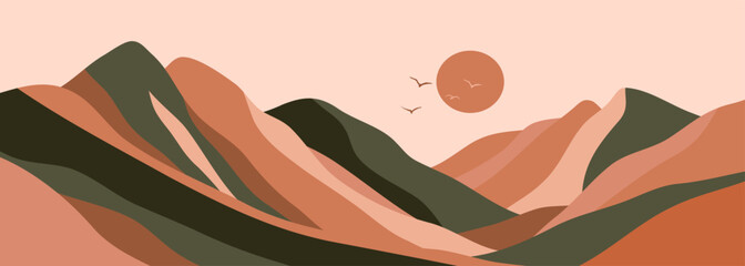 Wall Mural - Mountain landscape illustration. creative minimalist modern art print. with mountains, hills and sunset.  use for print art, poster, cover, banner