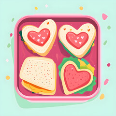 Wall Mural - Heart-shaped sandwiches in a lunchbox with colorful sides