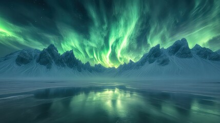a photograph of the aurora borealis dancing above the mountains in iceland, with swirling green ligh