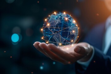 Poster - A businessman holds a holographic global network in his hand, showcasing technology and connectivity in a modern corporate environment during night hours