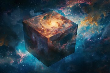 Poster - Exploring the mysteries of the cosmos through a cosmic cube representing the fourth dimension in a breathtaking universe filled with vibrant colors and swirling galaxies