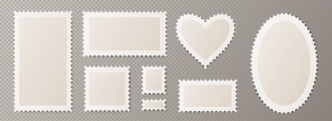Poster - Postcard stamp frames collection in various shapes - heart, oval, square and rectangles. White perforated borders with shadows on transparent background. Vintage mail and scrapbooking design elements.