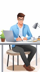 Poster - Man Developing a Marketing Strategy in an Animated Office Setting With a Notebook and Laptop. Generative AI