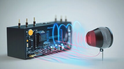Poster - simple audio amplifier circuit, showing how the input signal is amplified by a transistor,