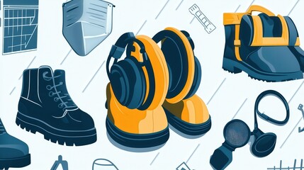 Poster - safety equipment for construction, featuring dust masks, ear protection, and steel-capped boots
