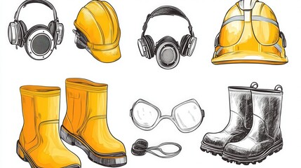 Poster - safety equipment for construction, featuring dust masks, ear protection, and steel-capped boots