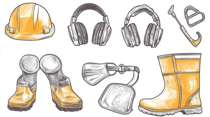 Poster - safety equipment for construction, featuring dust masks, ear protection, and steel-capped boots