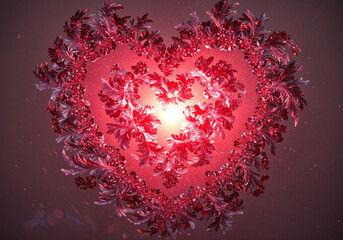 Poster - frost patterns on glass in the shape of a heart for Valentine's Day . Generative AI