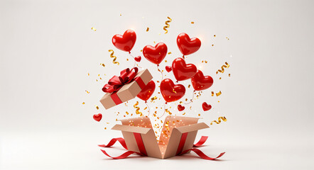 Poster - exploding box with balloons and hearts for valentine's day . Generative AI