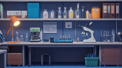 Poster - forensic laboratory setup with tools such as microscopes, DNA testing equipment, and chemical analysis kits