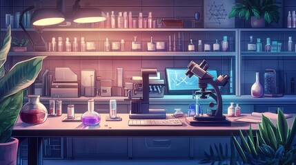Poster - forensic laboratory setup with tools such as microscopes, DNA testing equipment, and chemical analysis kits
