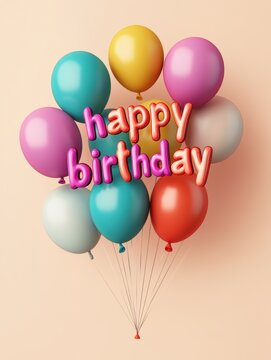 Cheerful Happy Birthday Lettering with Pastel Balloons on a Soft Gradient Background