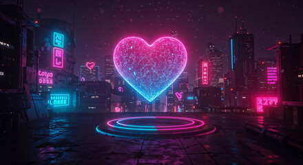 Poster - neon heart with circuit board lines inside on cyberpunk city background . Generative AI