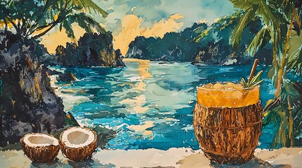 Wall Mural - Watercolor Painting of a Tropical Cocktail in a Coconut Shell with a Scenic Ocean View.