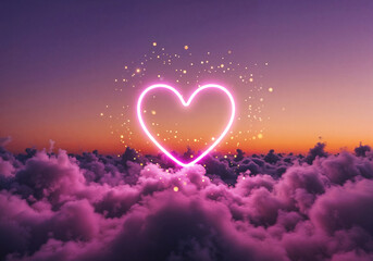 Poster - neon heart in the sky for valentines day . Generative AI