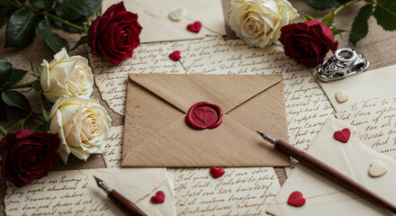 Poster -  envelope with congratulations, luxury candies and flowers for Valentine's Day. Generative AI
