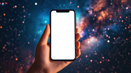 A hand holding a cell phone with an empty screen against the background of the starry sky from the side. Phone mockup. Presentation of a mobile application for tracking space events