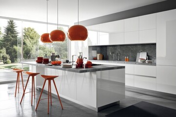 Modern Kitchen Island with Orange Stools and Pendant Lights