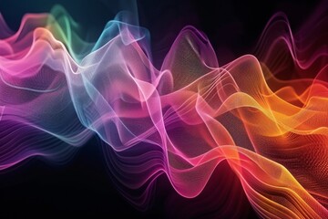 Poster - A vibrant visualization of sound waves undulating through the air, showcasing a symphony of colors blending together in a mesmerizing pattern against a dark background