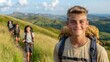 © KIMEHIME - Teen hiker smiles, group trekking mountain trail, summer landscape, adventure tourism