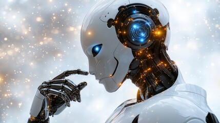 Futuristic robot pondering, digital background, AI concept