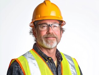 Construction Foreman - Construction foreman in a hard hat and reflective vest, overseeing construction work on-site, on a White Background.