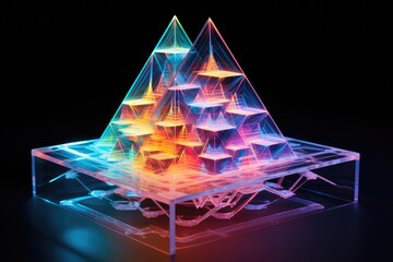 Poster - Holographic projection showcasing a colorful pyramid structure in a dark setting illuminated with vibrant lights during a tech exhibition