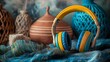© jami - Yellow and Blue Headphones Resting on a Blue Fabric
