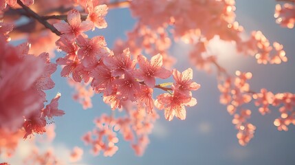 Wall Mural - Pink cherry blossoms bloom, sunlit sky background, spring scene, nature wallpaper