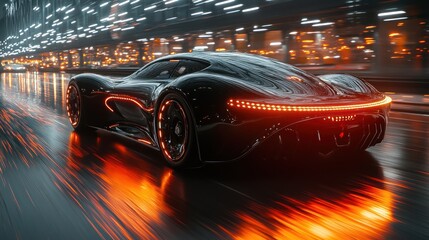 Sleek black sports car speeding through city at night, advertising, motion blur