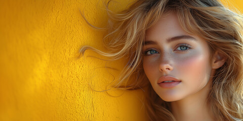 Wall Mural - a realistically beautiful girl , beautifully styled hair, place for text, yellow and black  background