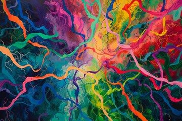 Poster - Vibrant vines of energy intertwine in a colorful tapestry, pulsating with life and movement, creating a mesmerizing display of dynamic hues and swirling patterns