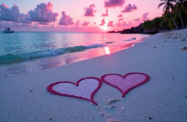 Two hearts carved into the sand on a beach