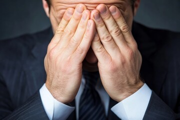 Man in suit covering face with hands, expressing stress or frustration in a formal setting